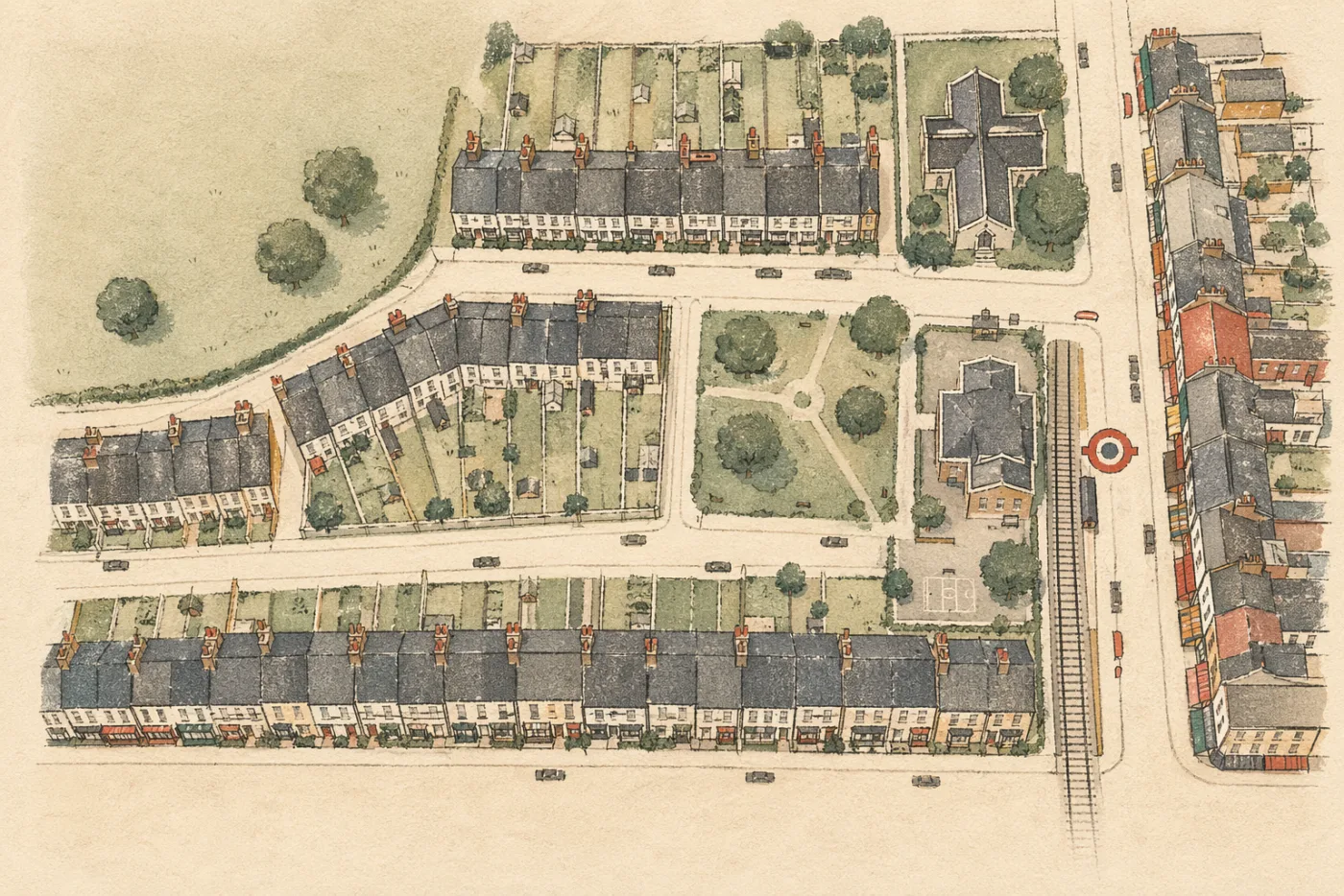 A hand-drawn map of a neighbourhood: terraces, a park, the station
