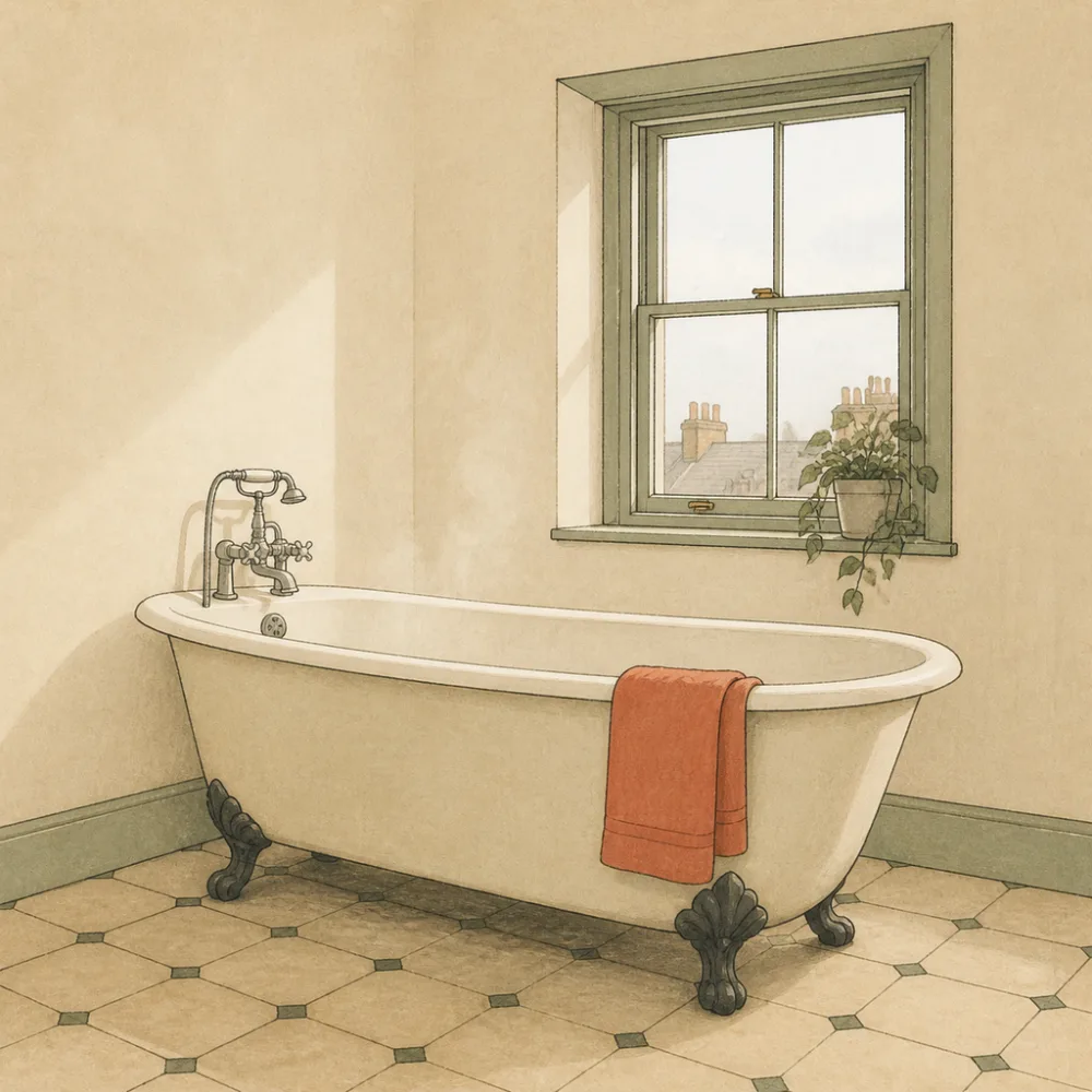 A roll-top bath under a small window, a towel on the rim