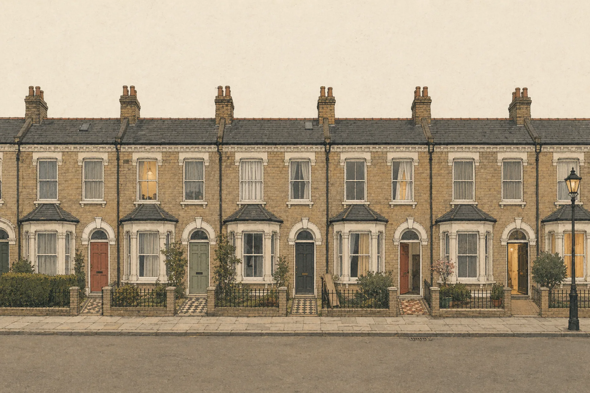 A terrace of brick houses at dusk, one window lit