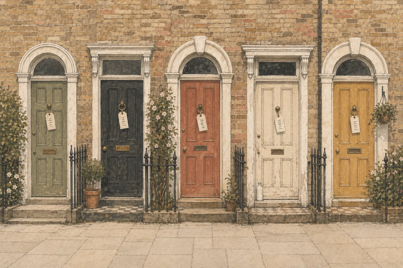 Four front doors in a terrace, a price tag hanging from each knocker