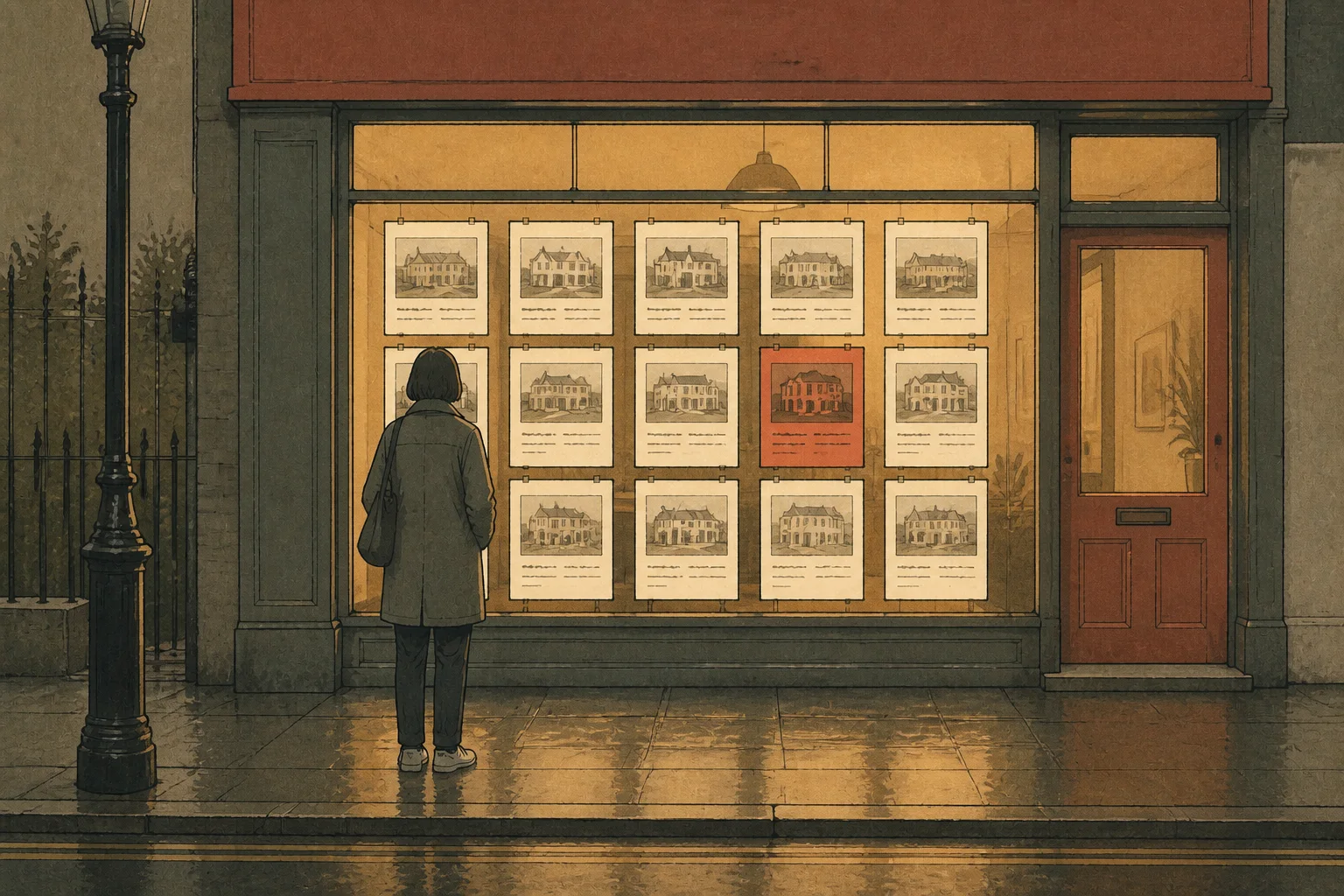 An estate agent’s window full of listing cards at dusk, one person looking in from the pavement