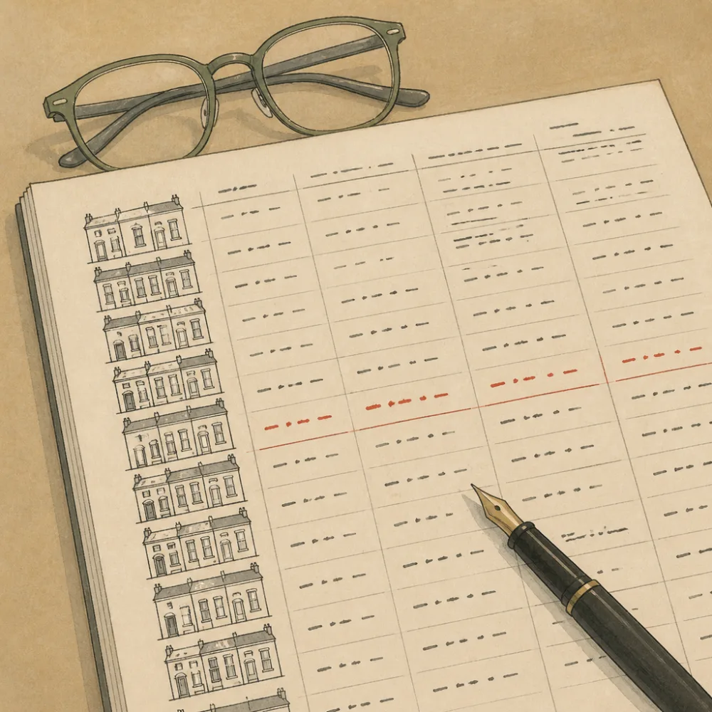 A printed price-paid ledger for one street, one row underlined, a fountain pen across it