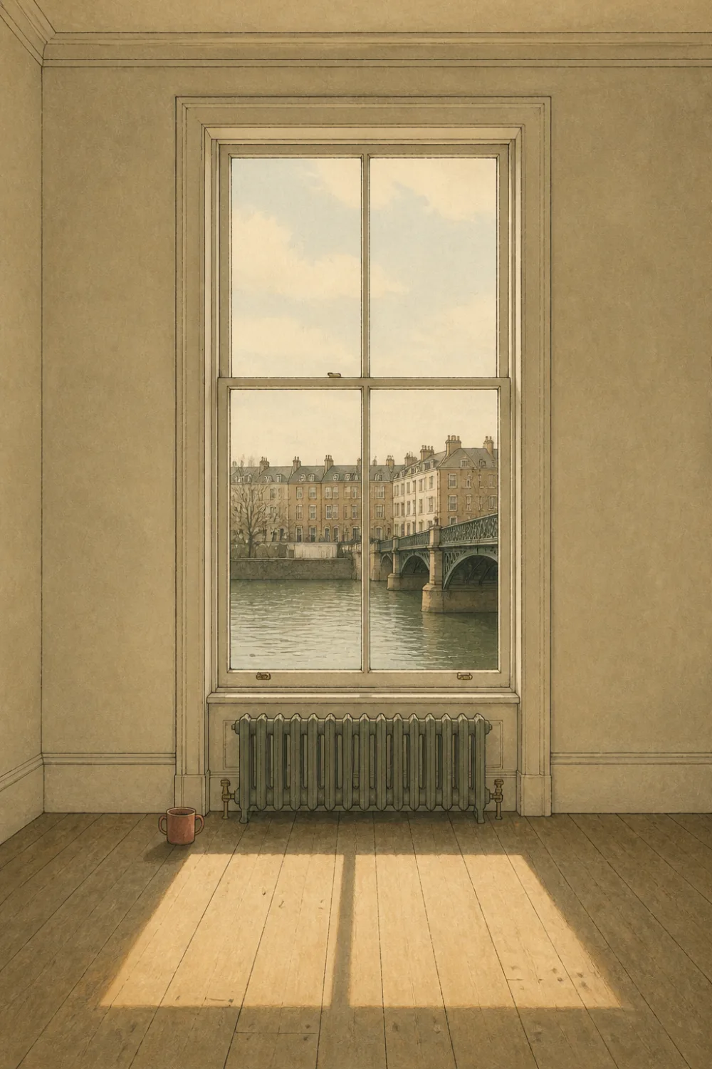 A tall sash window in a bare flat, a slice of river and a bridge beyond