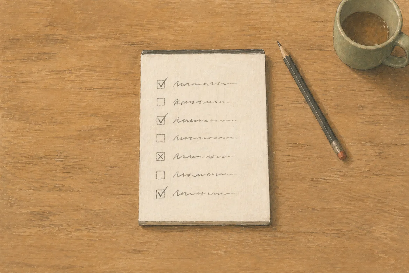 A handwritten checklist on a kitchen table, some boxes ticked, a pencil and a mug beside it
