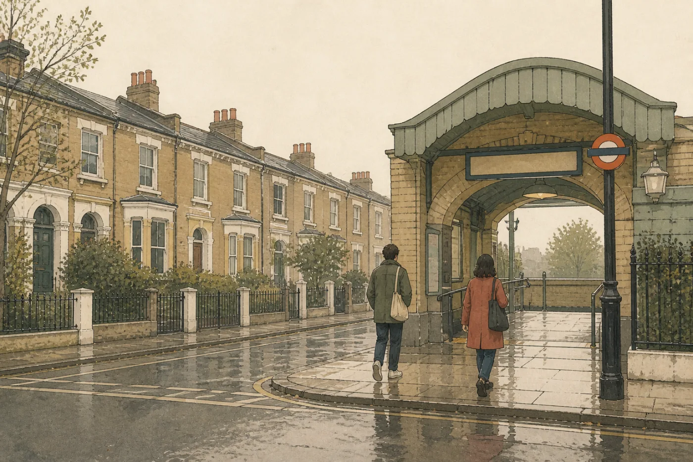 A small station entrance across a wet residential street, two commuters walking in